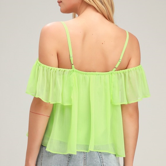 NWT Lulu's Lime Neon Green Off-the-Shoulder Spaguetti Straps Top Blouse XS - Picture 3 of 5